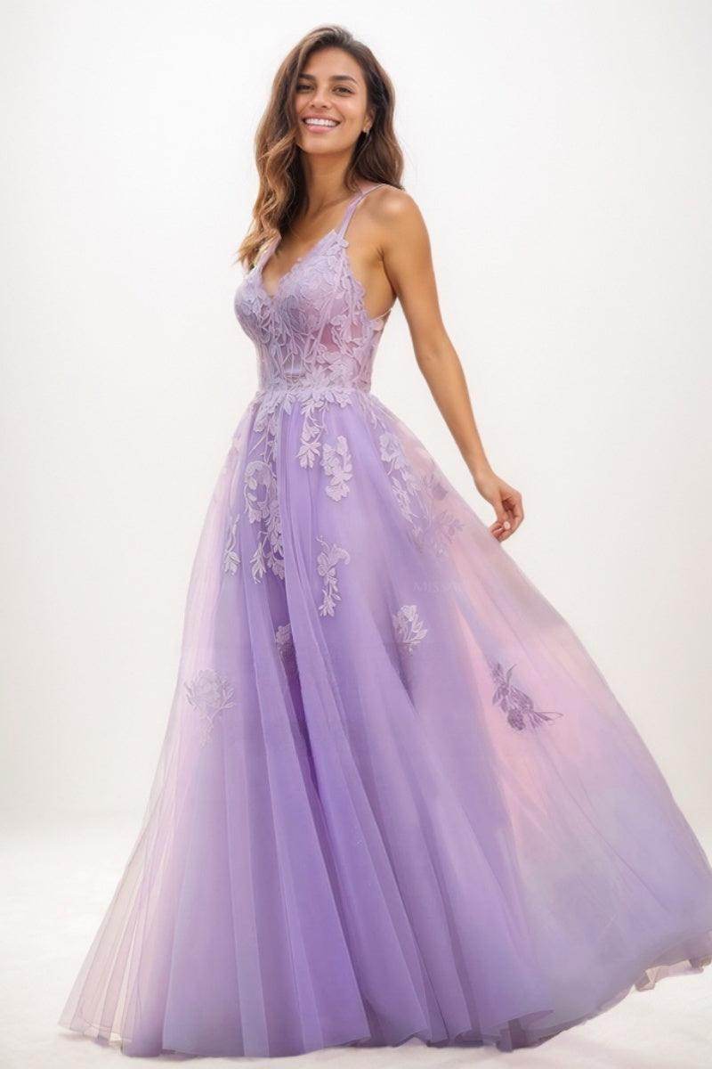 Lace V-Neck Corset A-Line Floor-Length Tulle Prom Dresses CS0723 - COCOMELODY